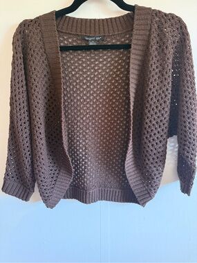 Brown Crochet Cardigan Open Knit Cropped Boho Lightweight Sweater